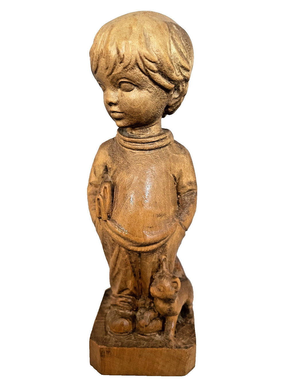 Vintage Hand Carved Wood Boy With Cat Figurine Folk Art Sculpture 7.25”